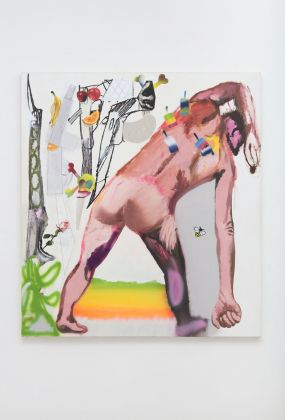 Alessandro Pessoli, Shack Up, 2019, olio, pittura spray, matita e pastelli su tela, 145x160 cm. Courtesy Nino Mier Gallery