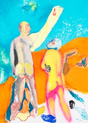 Alessandro Pessoli, Uomini che si voltano, 2016, olio, pittura spray e acrilico su tela, 200x150 cm. Courtesy Anton Kern Gallery