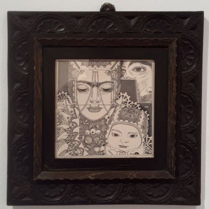 Antonello Cuccu, Issa con Issu e l'altro, 1990, china su carta, cornice sardesca in castagno, bottoni in filigrana d'argento