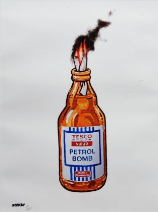 Banksy, Tesco Petrol Bomb, 2011, olio su tela. Collezione privata