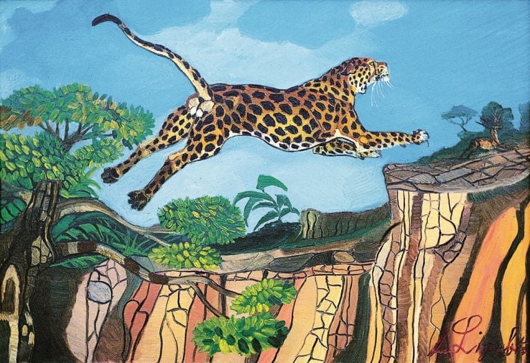 Antonio Ligabue, Leopardo su roccia olio su tela (Fidenza Village)