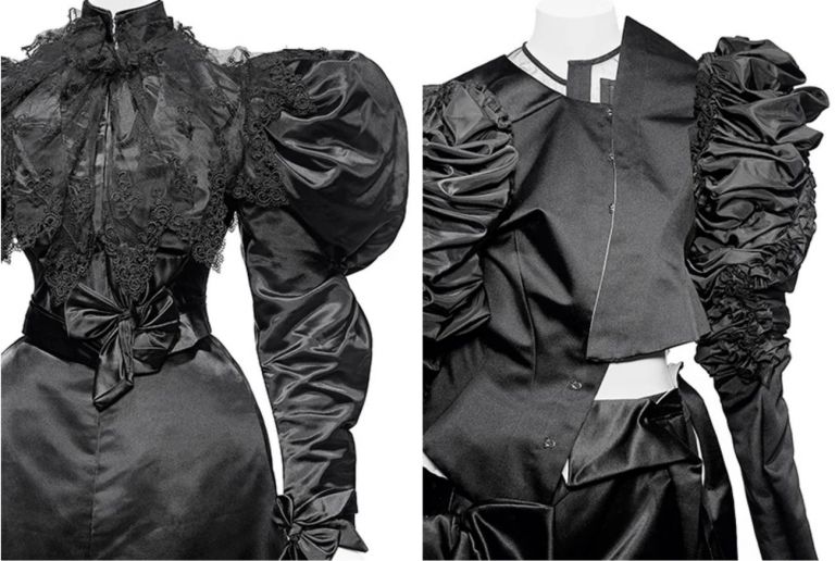 A sinistra Mrs. Arnold ca. 1895. Dinner dress 1932 . A destra Comme Des Garçons. Collezione A/I 2004–5. Photograph © Nicholas Alan Cope