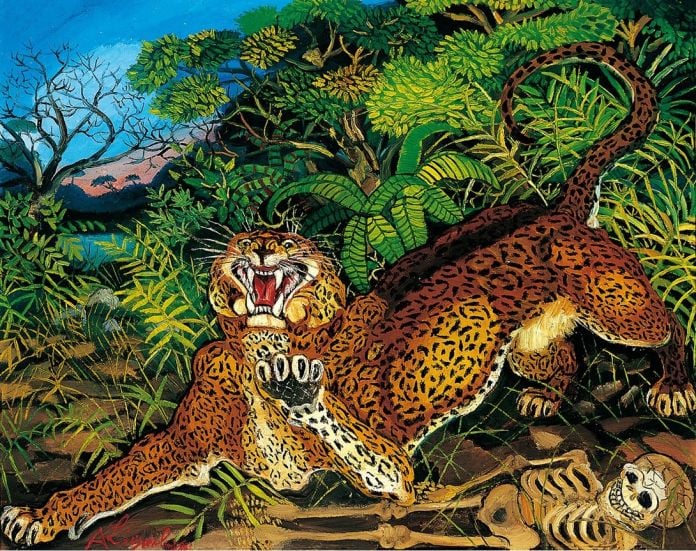 Antonio Ligabue, Leopardo, olio su faesite, 1955, cm 64x79,7