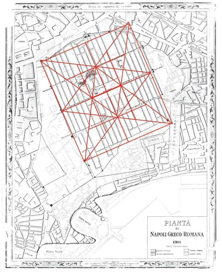 Bartolomeo Capasso, Congiunzione degli opposti. Diagramma su ricostruzione dell'impianto originario di Neapolis. Courtesy Gianluigi Maria Masucci