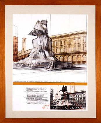 Christo, Wrapped Monument to Vittorio Emanuele (Project for Milano Piazza del Duomo), 1969 1970, tecnica mista su cartone, 71x55,5 cm. Collezione Alt, Bergamo