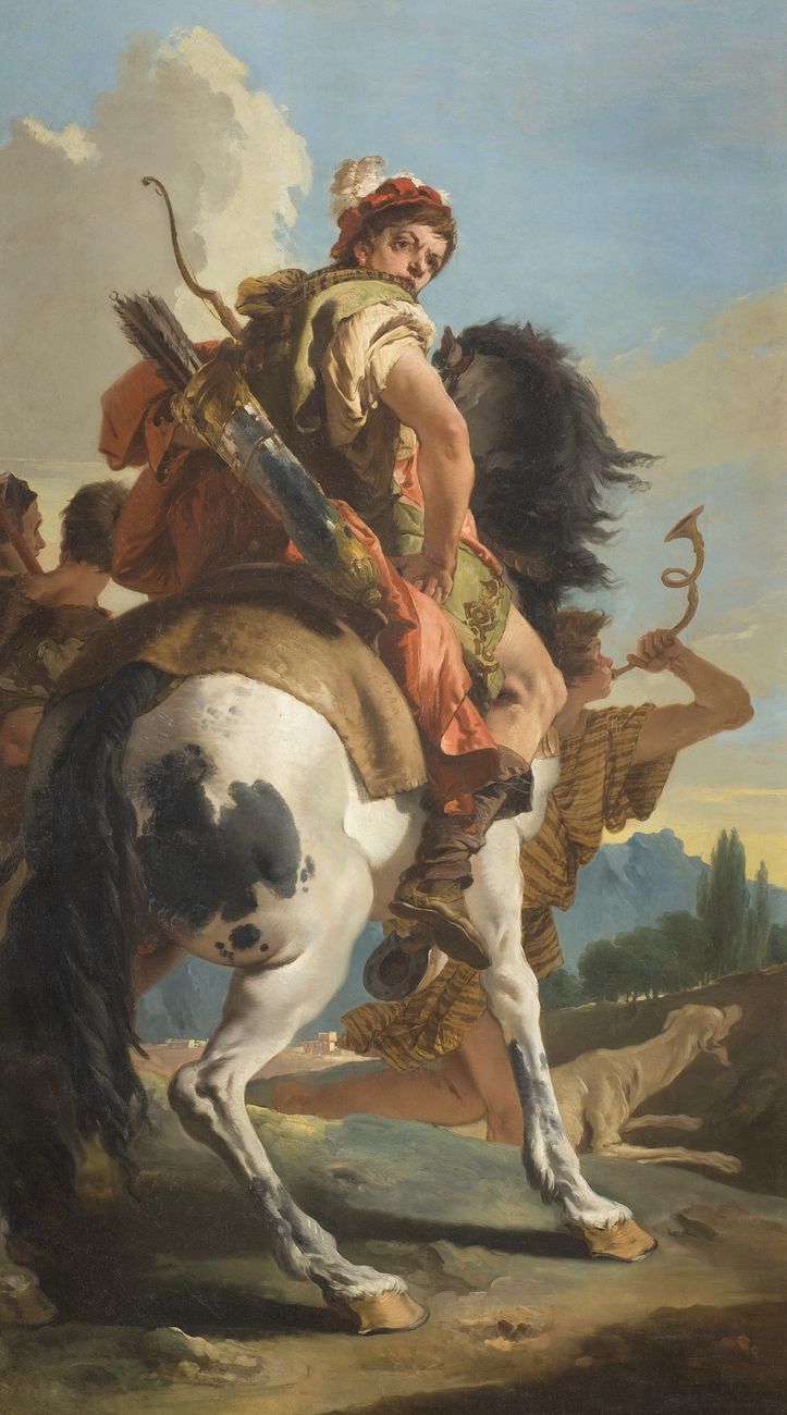 Giambattista Tiepolo, Cacciatore a cavallo, 1733 35, olio su tela, 262x148 cm. Milano, collezione Fondazione Cariplo