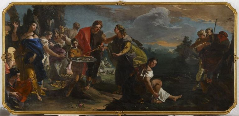 Giambattista Tiepolo, Ulisse scopre Achille tra le figlie di Licomede, 1724 25, olio su tela, 245x520 cm. Collezione Rome Cavalieri. Photo Manusardi Srl Studio Fotografico