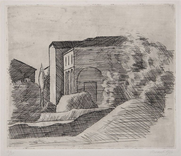 Giorgio Morandi, La casetta con il portico e il cipresso, 1904, acquaforte su zinco