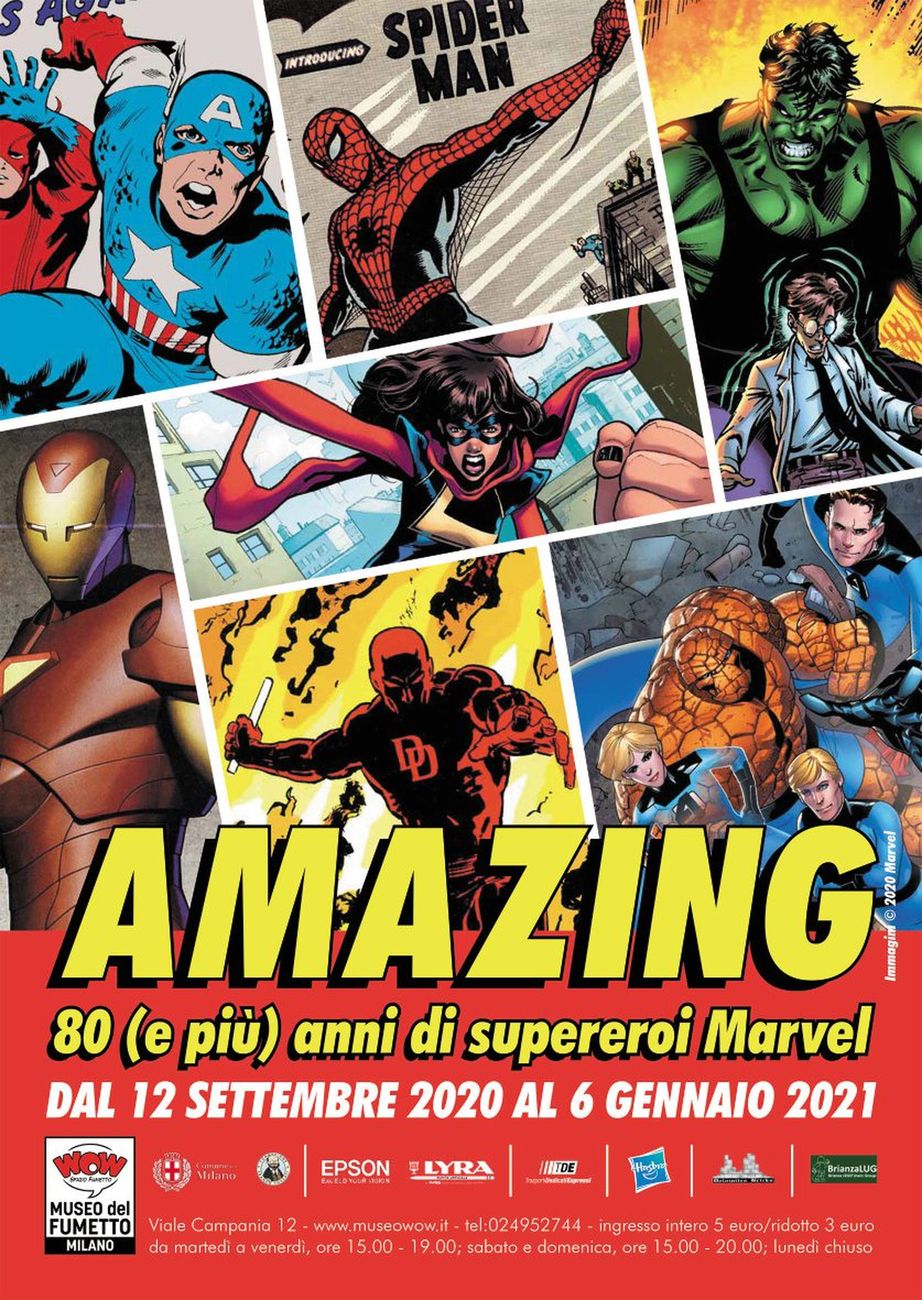 Il poster della mostra Amazing! 80 anni (e più) di supereroi Marvel al Museo del Fumetto di Milano