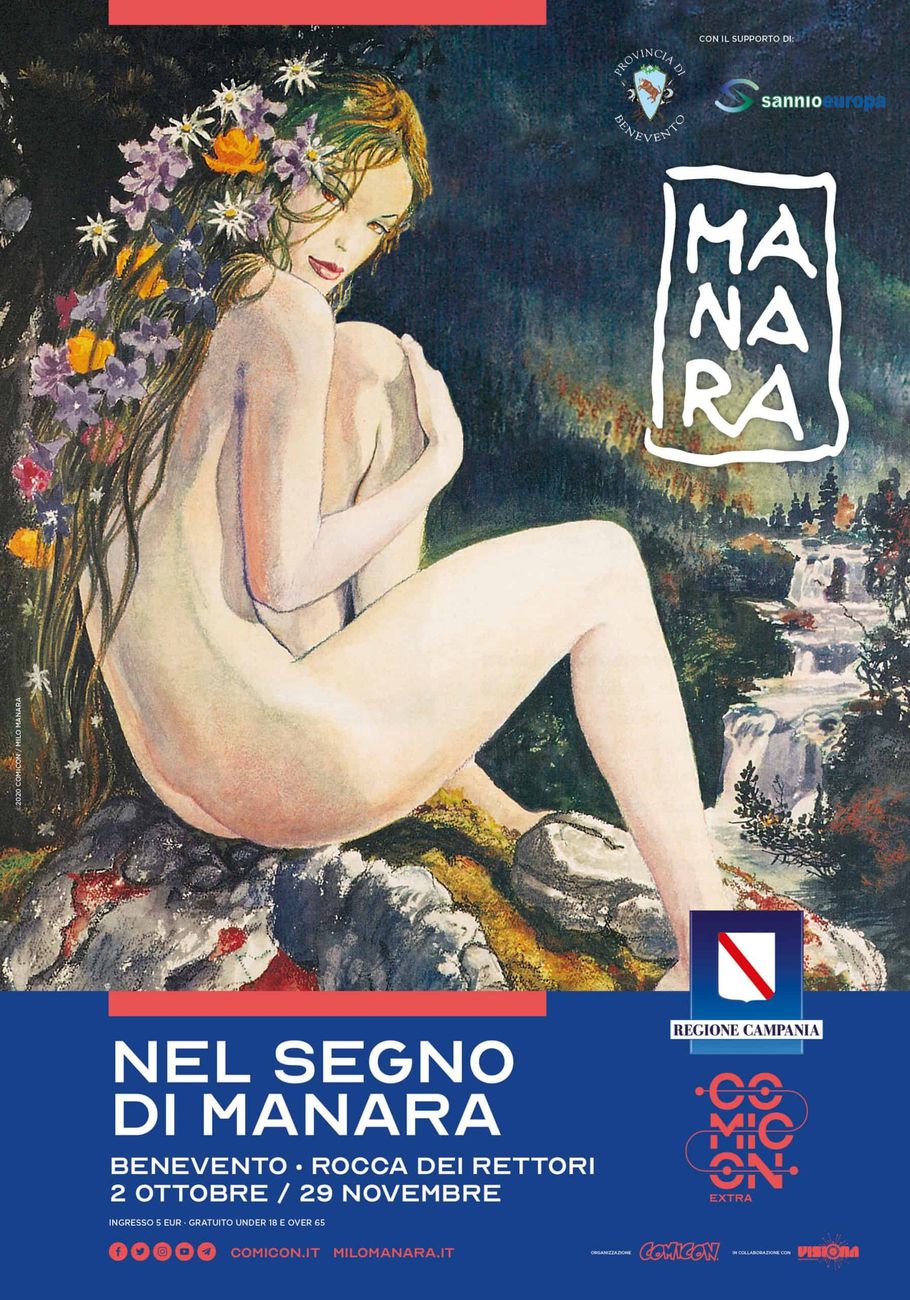 Il poster della mostra Nel segno di Manara alla Rocca dei Rettori di Benevento