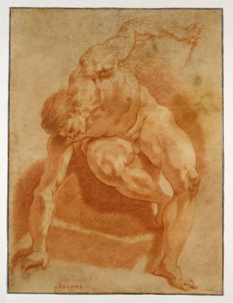 Louis Dorigny, Accademia di nudo virile, 1680-90 ca., sanguigna su carta beige, incorniciata a tempera azzurra e gessetto nero, 571 x 430 mm. Verona, Gabinetto Disegni e Stampe dei Musei Civici. Photo Umberto Tomba