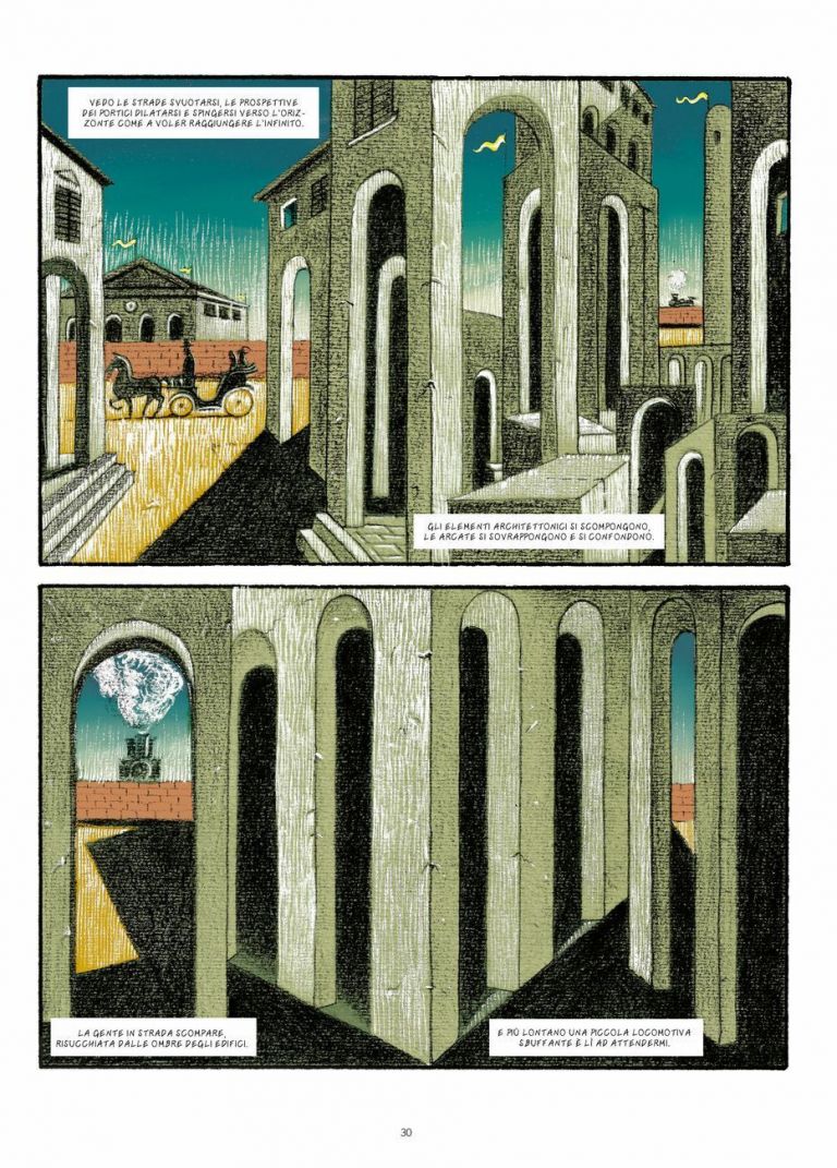 Sebastiano Vilella – De Chirico. Interno metafisico con biscotti (Oblomov Edizioni, Quartu Sant'Elena 2020). Una tavola del libro