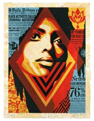 Shepard Fairey, Bias By Numbers, 2019, silkscreen and mixed media collage on paper HPM, cm 76x104
