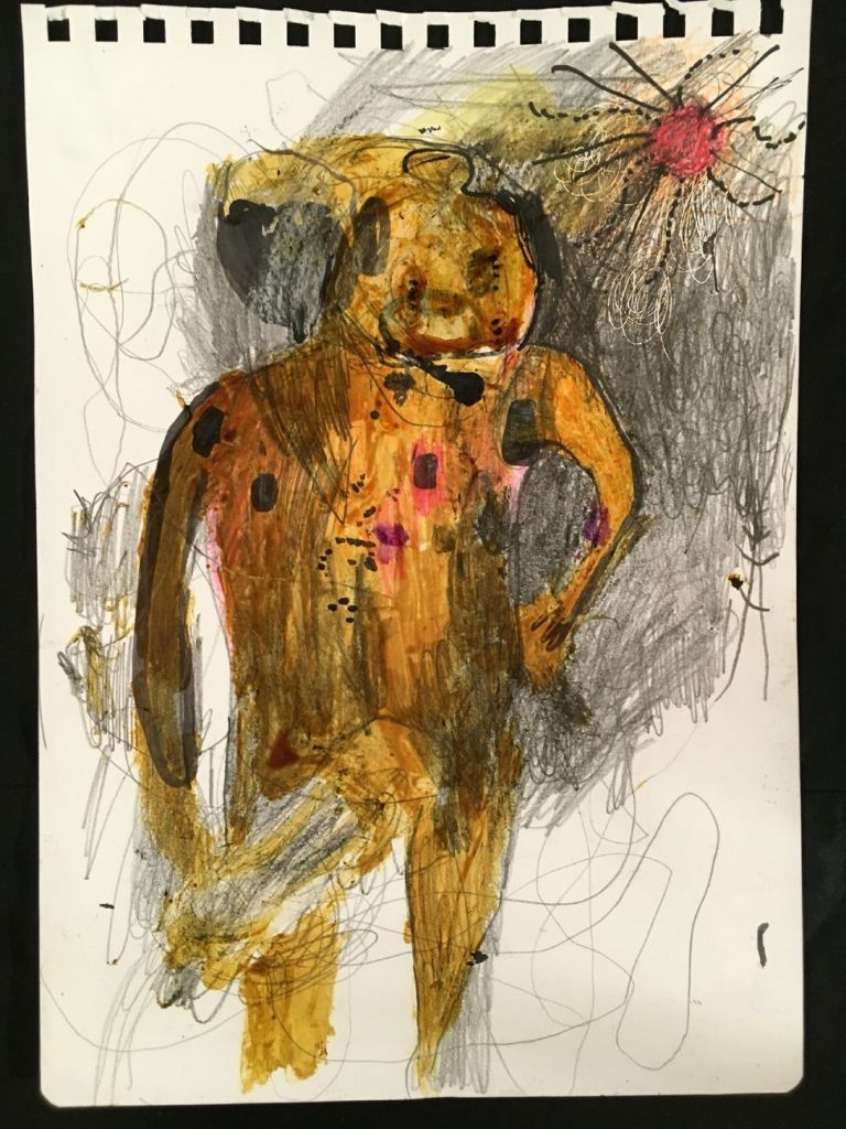 Silvia Argiolas, L’uomo pipì, 2019, tecnica mista su carta, 21x30cm. Courtesy Galerie Rompone