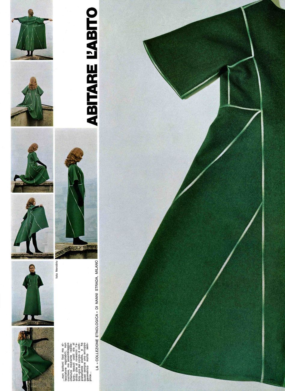 Una pagina dell'articolo di Domus sulla Collezione inverno 1971 72 progettata nel 1970 e prodotta da Sportmax © Nanni Strada Design Studio