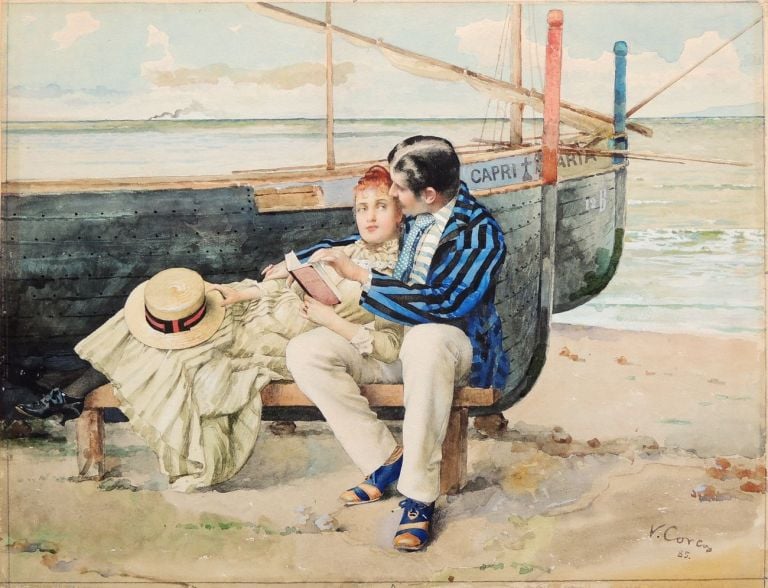 Vittorio Corcos, Lune de miel, 1885, acquerello su cartone, 34,5x45,5 cm. Collezione privata. Courtesy Galleria d'Arte Goldoni, Livorno