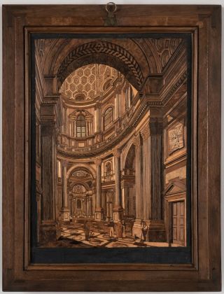 Antonio Bonadè, Quadro a tarsia in legni vari, a doppia faccia, raffigurante l’interno della Basilica di Superga, 1830 35, courtesy Galleria Benappi, Torino