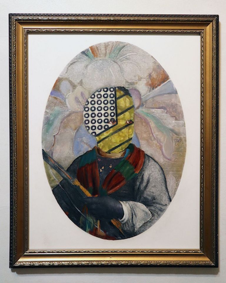 David Shrobe, Moment to See Bloom, 2020, oil, acrylic, ink and colored pencil on paper in found frame behind glass, 58,5x48x5 cm, Anna Marra Arte Contemporanea, Roma