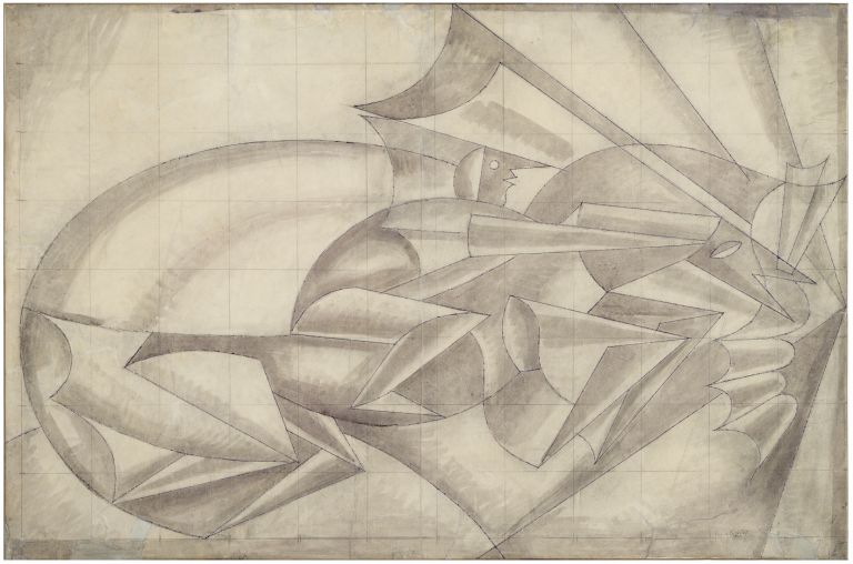 Fortunato Depero, Untitled, study for Nitrito in velocità, ca. 1931–32. Watercolor, India ink, pen, and graphite pencil on paper mounted on canvas, 23 3/8 x 35 1⁄4 in. (59.3 x 89.7 cm). Collezione Ramo, Milan. © Artists Rights Society (ARS), New York / SIAE, Rome.