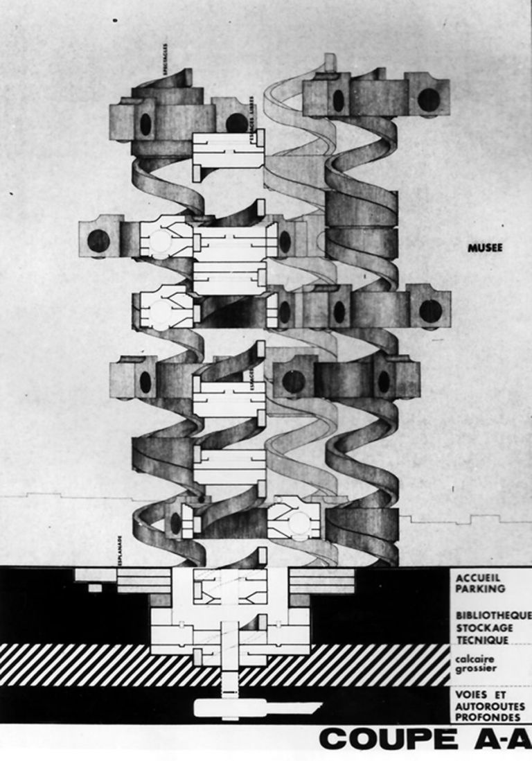 Giuseppe Perugini con Raynaldo Perugini, O.C. Cacoub, R. Heim de Balzac, G.G. De Rossi e Y. Roa, Centre Beaubourg, Parigi, concorso internazionale, sezione, 1971. Archivio dello Studio Perugini