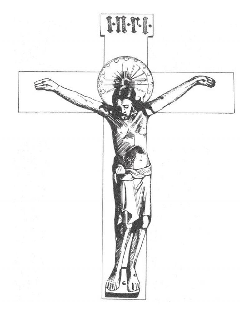 Il Crocifisso di Gerone, che rappresenta il Cristo sofferente e morente. Cattedrale di Colonia, 960 ca.. Illustrazione tratta dal Dizionario delle immagini del sacro a cura di Mircea Eliade (Jaca Book, Milano 2020)