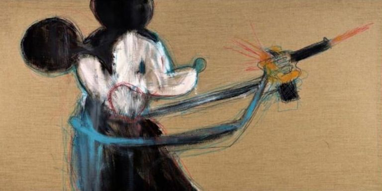 Manuel Cossu, Topolino che spara al demone dell'alcol, 2019, tecnica mista su tela grezza, cm 40x70