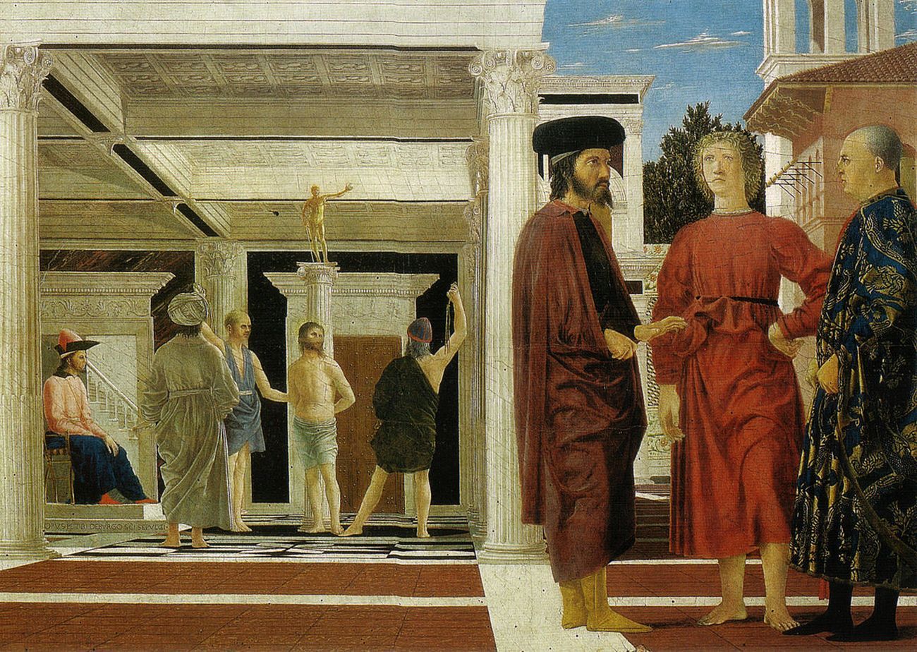 Piero della Francesca, Flagellazione di Cristo, 1460 ca., tempera su tavola, 58,2×81,5 cm. Galleria Nazionale delle Marche, Urbino