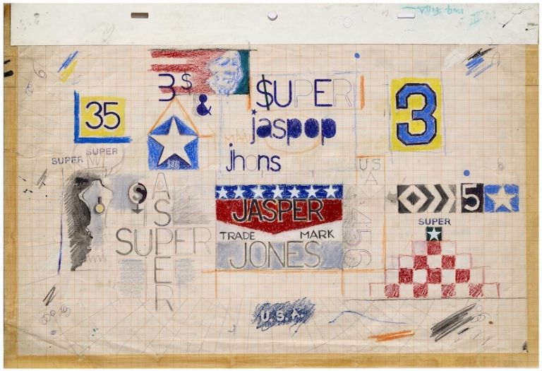 Pino Pascali, Untitled (Notes), 1964. Crayon, ballpoint pen, graphite pencil, colored pencil, applied through stencil and frottage on paper, 10 1/8 x 14 7/8 in. (25.8 x 37.8 cm). Collezione Ramo, Milan. Pascali. Photo: Studio Vandrasch Fotografia, © Estate of Pino