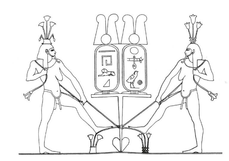 Simbolo araldico dell’Unità. Disegno dal rilievo di Taharka, Gebel Barkal, 689-664 ca.. Illustrazione tratta dal Dizionario delle immagini del sacro a cura di Mircea Eliade (Jaca Book, Milano 2020)