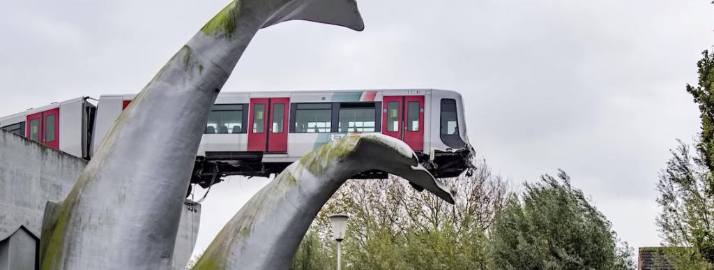 Rotterdam: il treno deraglia e viene salvato dalla coda di balena di una scultura