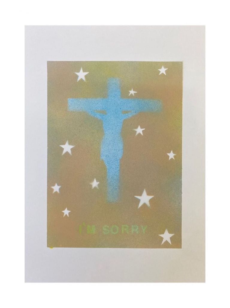 Verde Edrev, I’m sorry, 2020, vernice spray su carta, 30x21,5 cm. Galleria Alessandra Bonomo, Roma. Photo Arturo Marescalchi