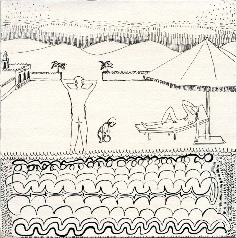 Alessandra Giacinti, Private swimming pool with view, 2019, felt tip pen on paper, 17.5 x 17.4 cm