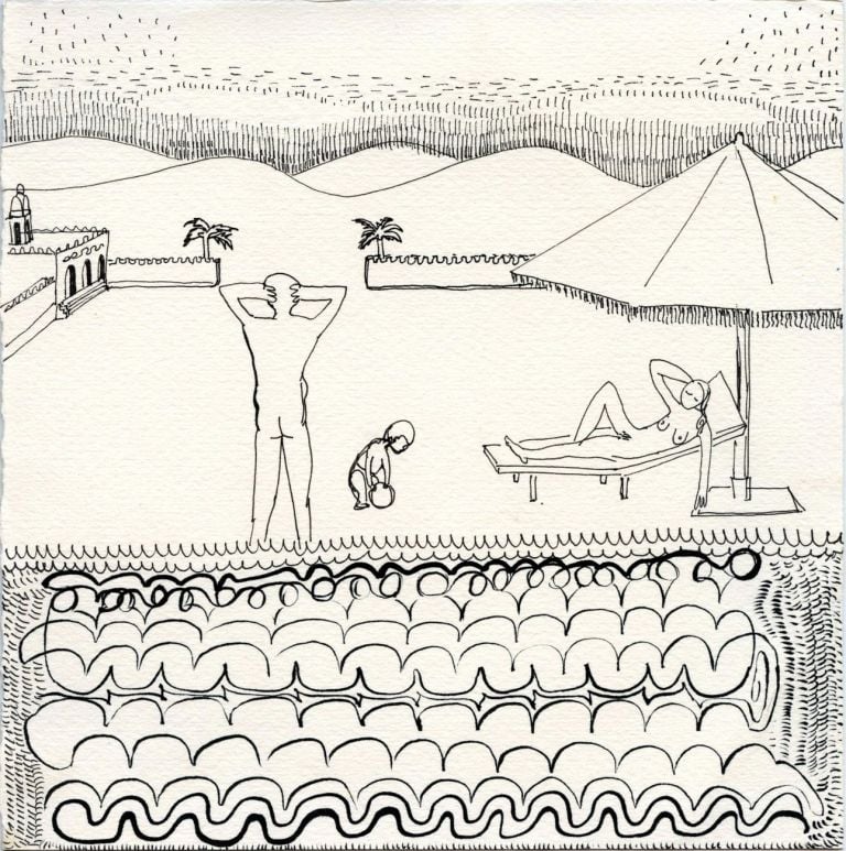 Alessandra Giacinti, Private swimming pool with view, 2019, felt tip pen on paper, 17.5 x 17.4 cm