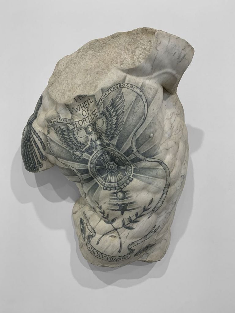 Fabio Viale, Kouros (Hollow), 2019, white marble and pigments, cm 93x67x29