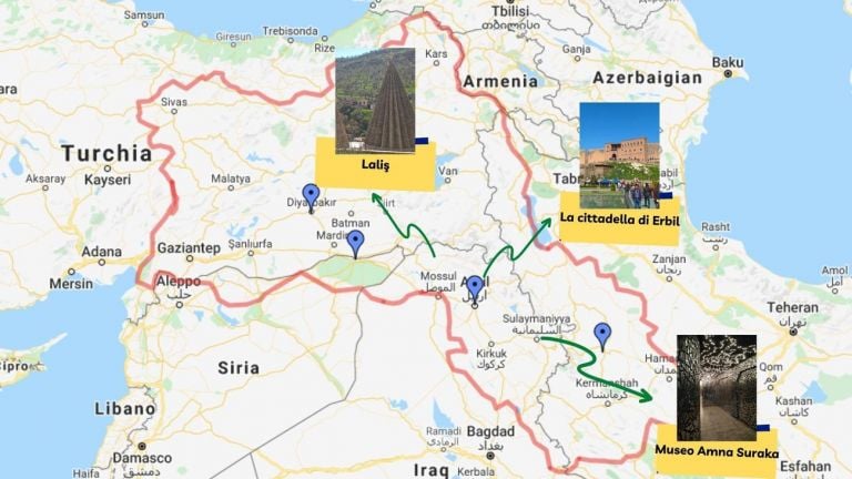 In rosso, l'area geografica in cui i curdi sono maggiormente insediati nel Medio Oriente. Mappa © Google Maps