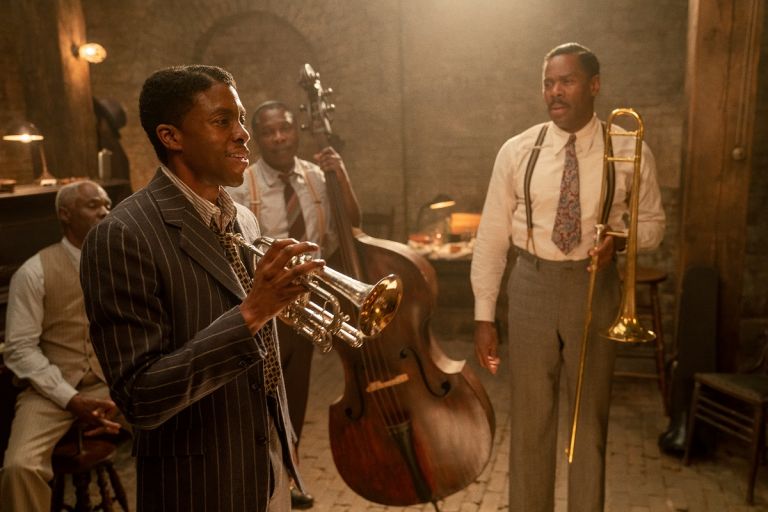 Ma Rainey's Black Bottom (2020): (L to R) Glynn Turman as Toldeo, Chadwick Boseman as Levee, Michael Potts as Slow Drag, and Colman Domingo as Cutler. Cr. David Lee / Netflix