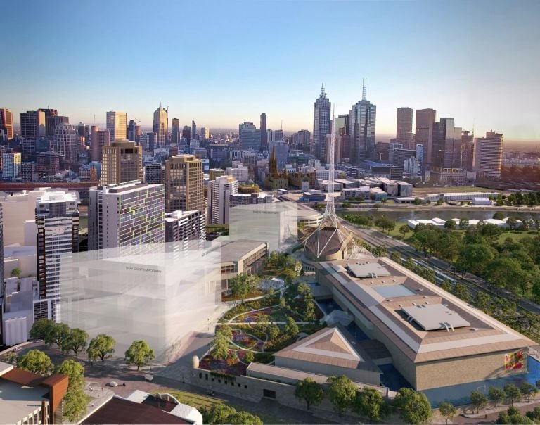 Una vista a volo d'uccello del Melbourne Arts Precinct da Southbank Boulevard rivolto a nord (impressione dell'artista). HASSELL + SO IL