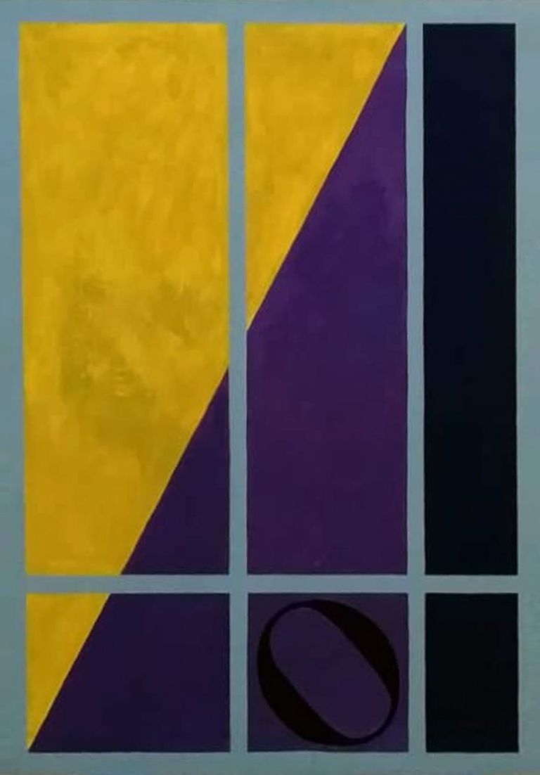 Ermanno Leinardi, Costruzione con giallo e viola, 1983, olio su tela, cm 100x70