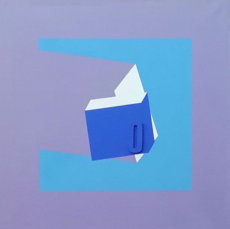 Ermanno Leinardi, Spazio ambiguo viola più azzurro e bianco, 1989, acrilico su tela, cm 90x90
