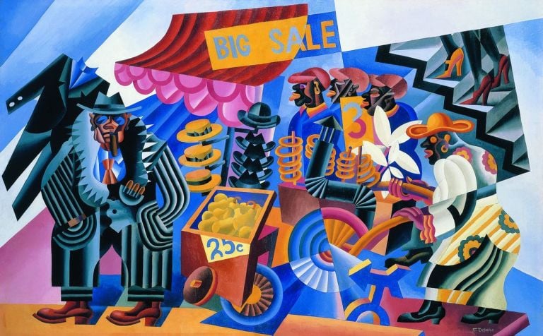 Fortunato Depero, Big Sale (Mercato di Down Town), 1929, olio su tela, 116x184 cm. Courtesy Studio 53 Arte e Eredi Depero. Photo © Archivio Fotografico Depero