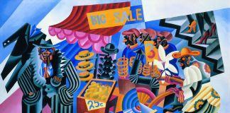 Fortunato Depero, Big Sale (Mercato di Down Town), 1929, olio su tela, 116x184 cm. Courtesy Studio 53 Arte e Eredi Depero. Photo © Archivio Fotografico Depero