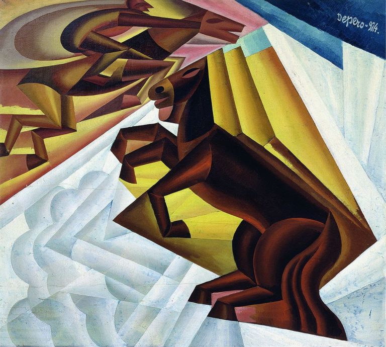 Fortunato Depero, Gara Ippica tra le nubi, 1924, olio su tela, 112x125 cm. Courtesy Studio 53 Arte e Eredi Depero. Photo © Archivio Fotografico Depero