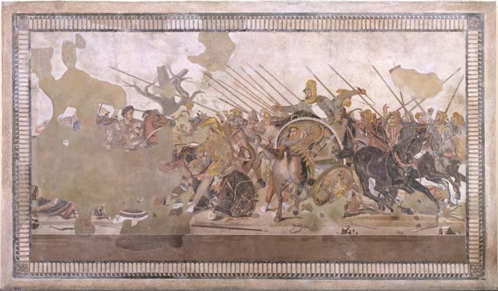 Foto del Mosaico della Battaglia di Isso tra Alessandro Magno e Dario di Persia (fine II inizi I sec. a.C.)_ immagini delle attività di diagnostica sul mosaico del MANN, credits Pedicini Fotografi