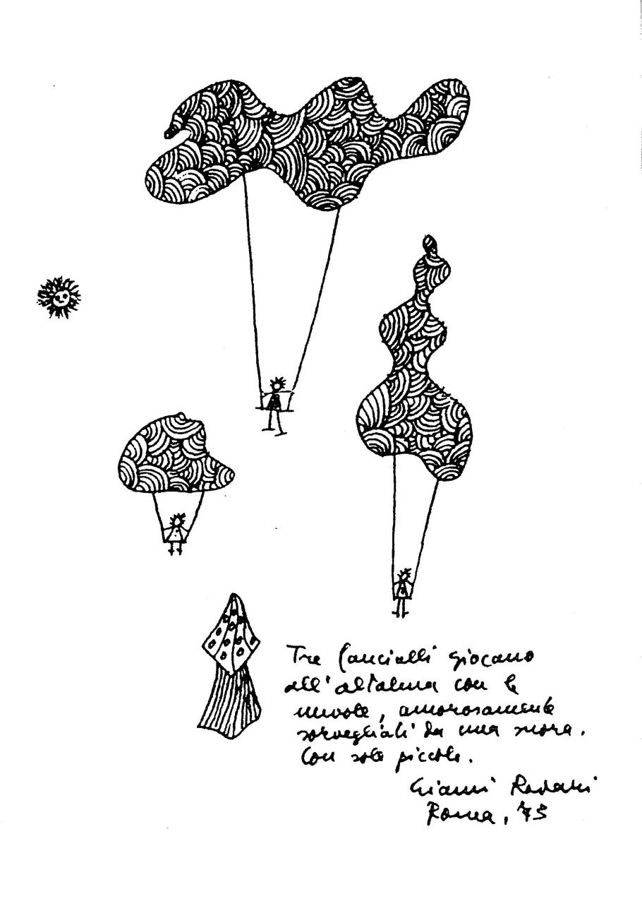 Gianni Rodari, Tre fanciulli giocano all’altalena con le nuvole, amorosamente sorvegliati da una suona, con sole piccolo, 1973