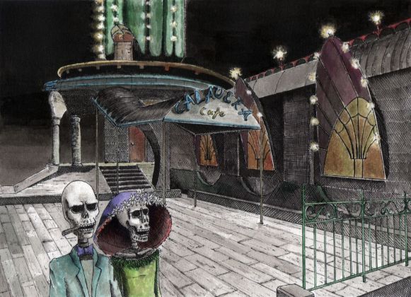 Konstantinos Dimopoulos ‒ Virtual Cities (Unbound, Londra 2020). Illustrazione di Rubacava da Grim Fandango