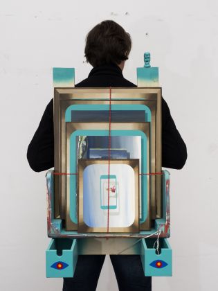 Mattia Barbieri, Pala d'altare Bg Pack [indossato], 2017, olio su legno, 122x88x36 cm