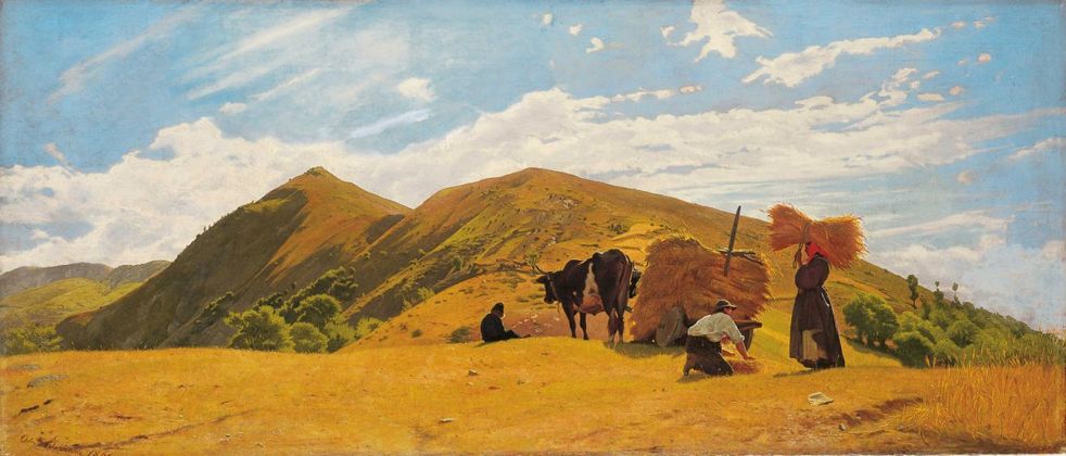 Odoardo Borrani, Mietitura del grano nelle montagne di San Marcello, 1861, olio su tela, cm 54x126,5. Viareggio, Istituto Matteucci