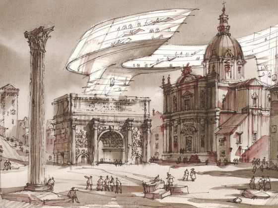 Sergei Tchoban, The Imprint of the Future. Architectural fantasy inspired by Piranesi etching “Arco di Settimio Severo”