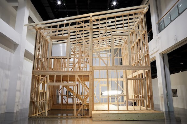 Monica Bonvicini, As Walls Keep Shifting, 2019, timber wood, screws, 868 x 828 x 870cm (Busan Biennale 2020)