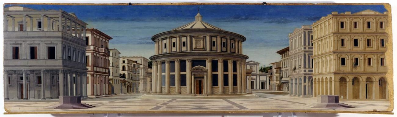 Anonimo, Città ideale, 1480 90, tempera su tavola, 67,7×239,4 cm. Galleria Nazionale delle Marche, Urbino